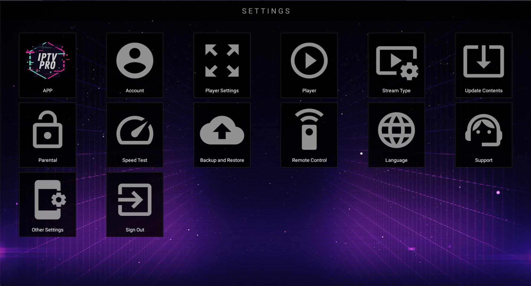 Main XC Settings Screen